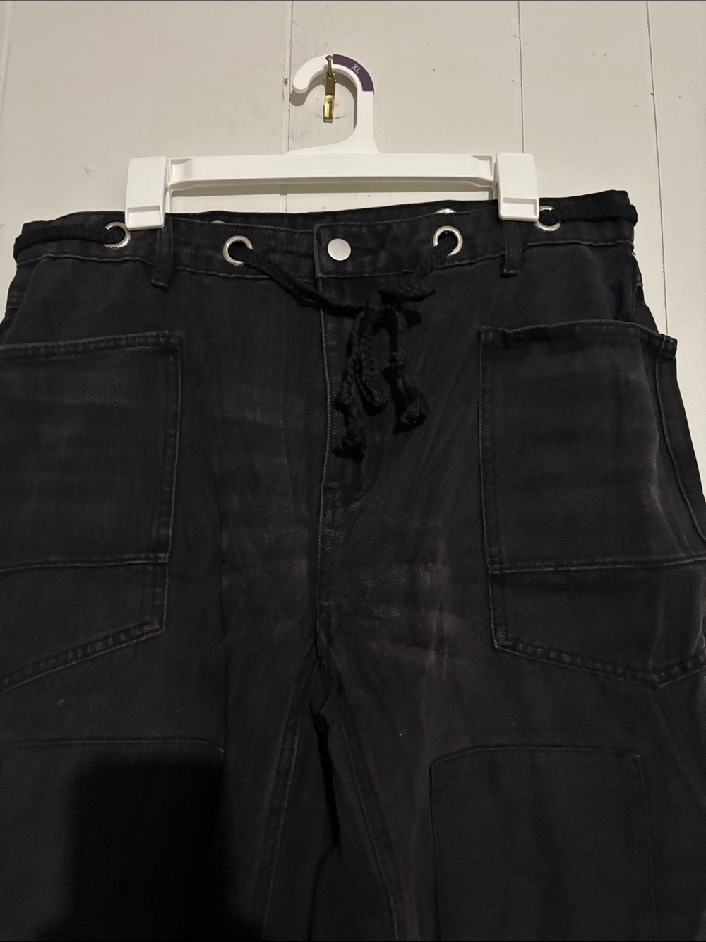 NWOT Relaxed Black Drawstring Barrel Boyfriend  patchwork Jeans - Picture 3 of 4